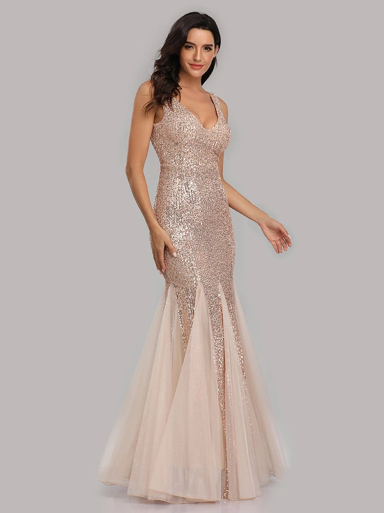 V-Neck Mermaid Dress with Shawl, Long Formal Prom Party Gown, Sequins Sleeveless, Sexy Evening Dress, Plus Size