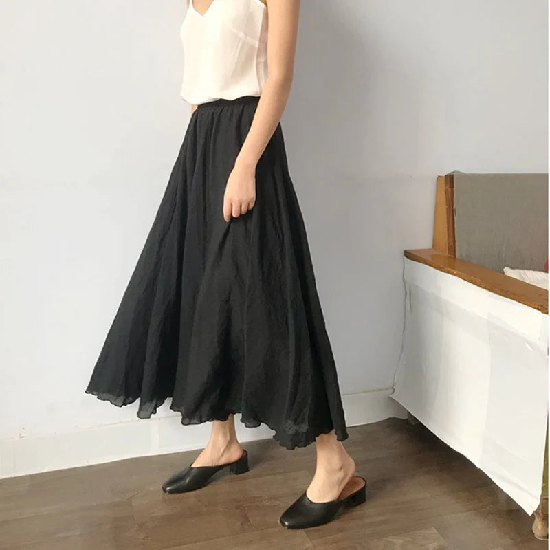 High Quality Cotton Linen Maxi Skirt Womens Casual Elastic High Waist Pleated A-Line Beach Skirts Boho Saia Feminina Faldas Jupe