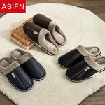 Men's Big Size Winter Slippers Home PU Leather Shoes for Men Indoor Waterproof Fur Cotton Male Bedroom Slipper Flat Houseshoes
