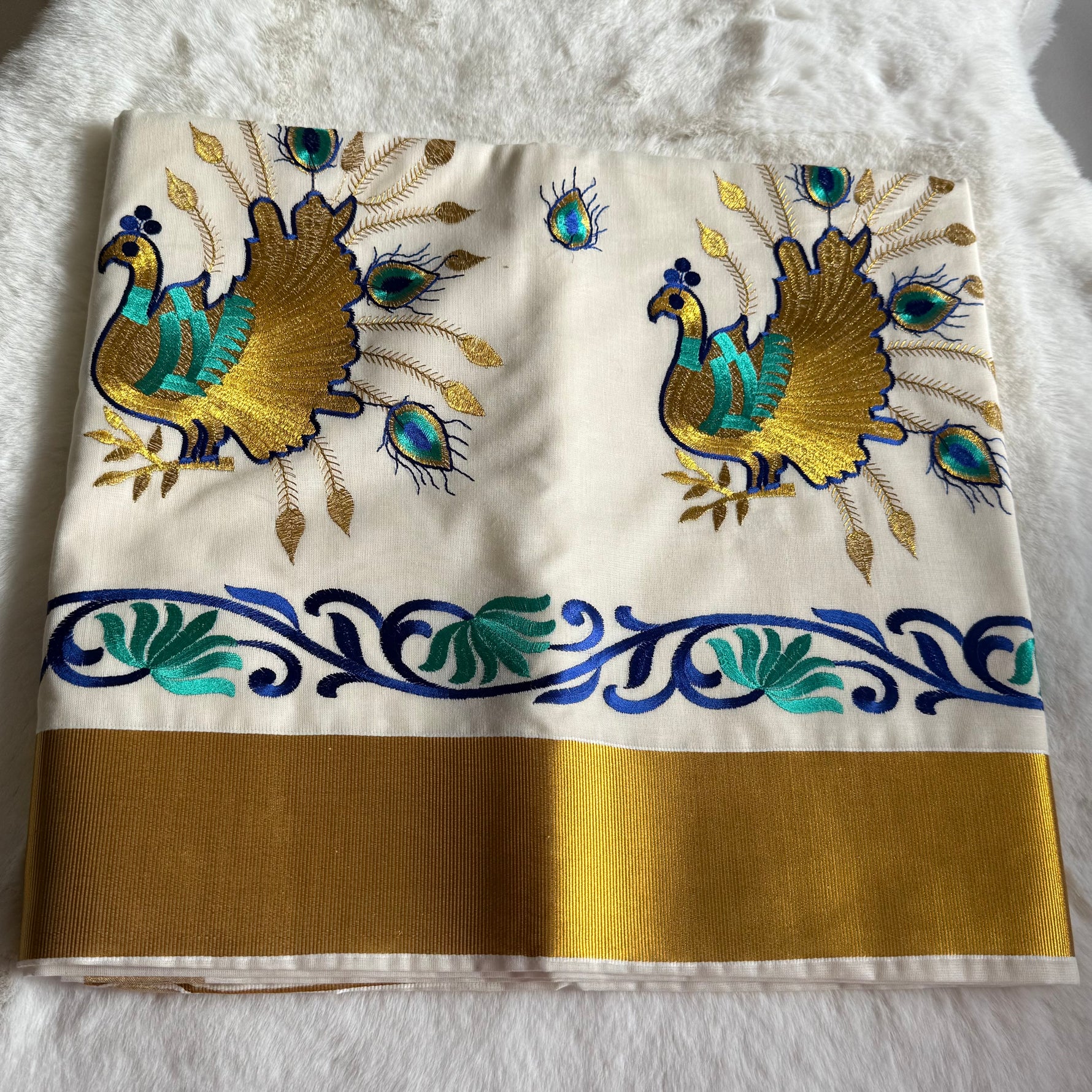Kerala Cotton  Onam Saree with Golden Peacock Embroidery & Kasavu Border – Traditional Festive Wear S110