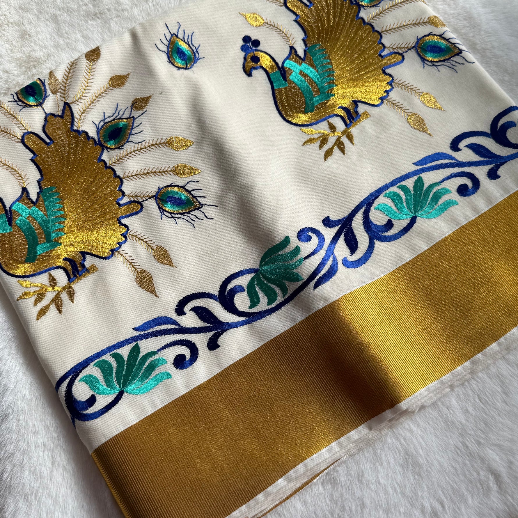 Kerala Cotton  Onam Saree with Golden Peacock Embroidery & Kasavu Border – Traditional Festive Wear S110