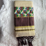 Kerala Cotton Saree with Burgundy Border & Floral Motifs – Traditional Onam Special S112