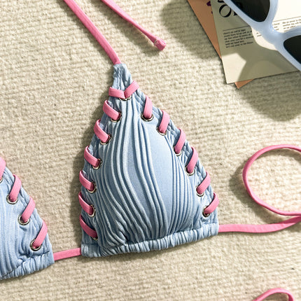 2025 Halter Wrinkled Weave Bikini Women Swimwear Female Swimsuit Two Pieces Bikini Set Brazilian Bathing Suit Swim Beach Wear