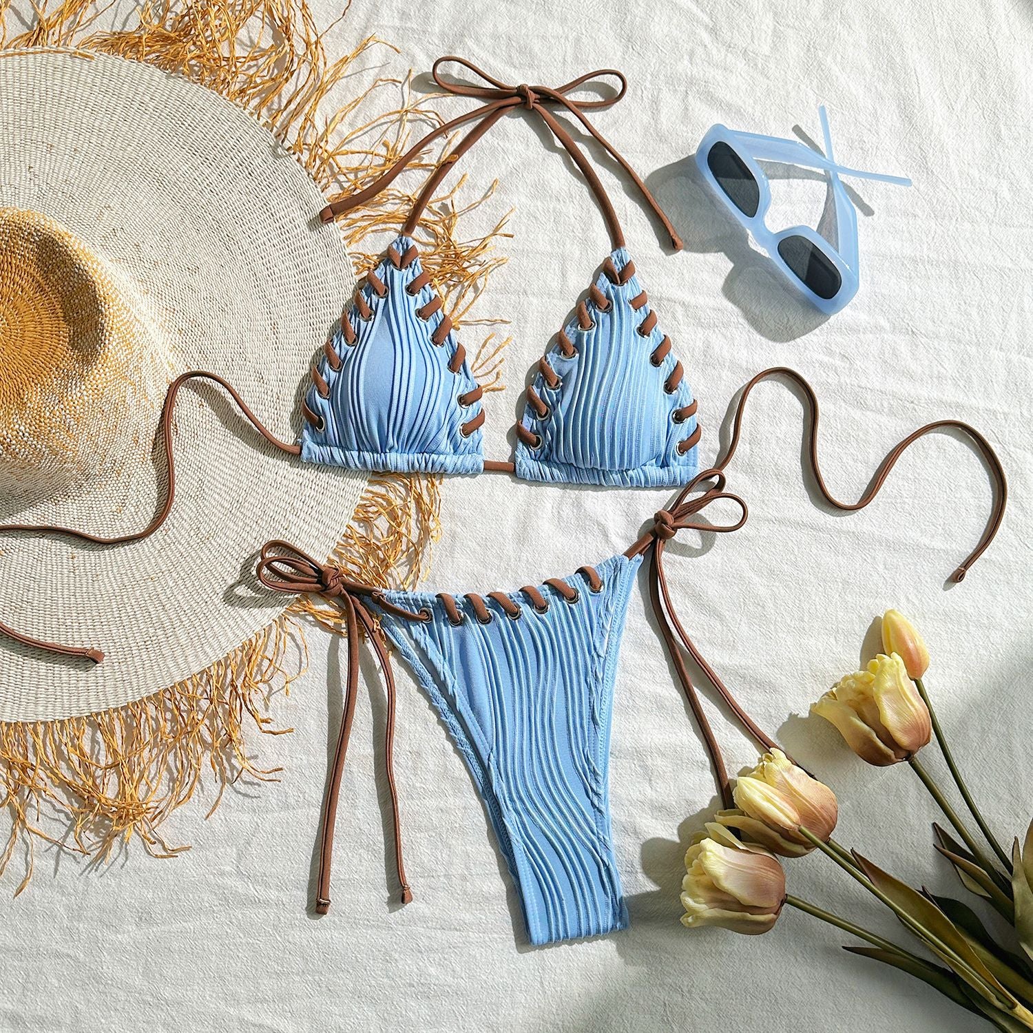 2025 Halter Wrinkled Weave Bikini Women Swimwear Female Swimsuit Two Pieces Bikini Set Brazilian Bathing Suit Swim Beach Wear