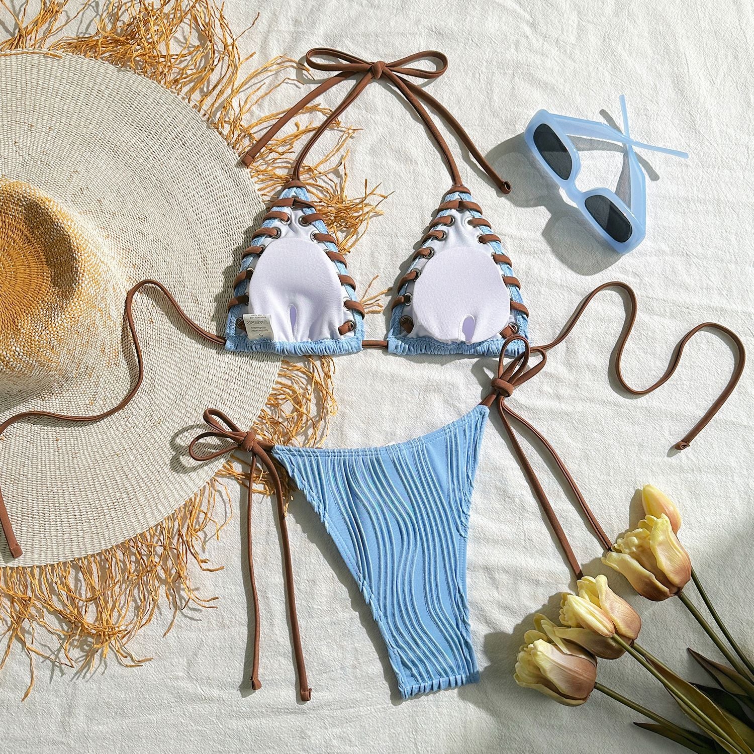 2025 Halter Wrinkled Weave Bikini Women Swimwear Female Swimsuit Two Pieces Bikini Set Brazilian Bathing Suit Swim Beach Wear