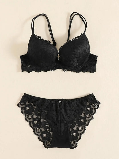 1 Set Elegant Erotic Lace Embroidery Breathable Fabric Lingeries : Push-Up Bra, Low Waist Sheer Panty - Ultimate Valentine's Day