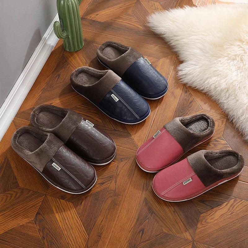 Warm Men's slippers Winter Casual Indoor Waterproof PU Leather Women Home Cotton shoes Fur Flat Cotton Bedroom Houseshoes