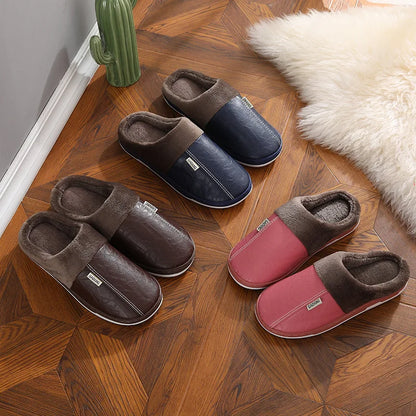 Warm Men's slippers Winter Casual Indoor Waterproof PU Leather Women Home Cotton shoes Fur Flat Cotton Bedroom Houseshoes