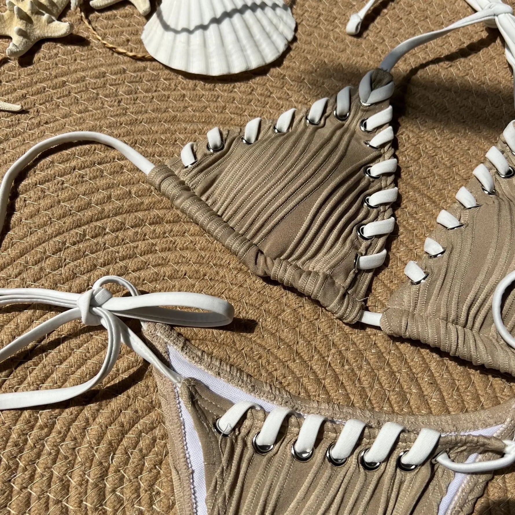 2025 Halter Wrinkled Weave Bikini Women Swimwear Female Swimsuit Two Pieces Bikini Set Brazilian Bathing Suit Swim Beach Wear