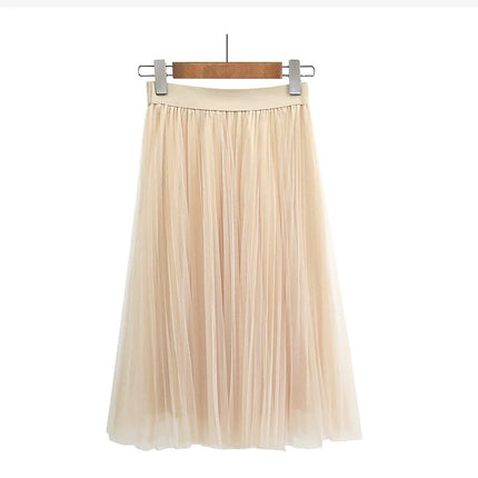 3 Layers Tulle Skirts Womens Black Gray White Adult Tulle Skirt Elastic High Waist Pleated Midi Skirt