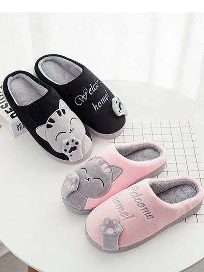 Women Home Slippers Winter Cartoon Cat Slippers Anti Slip Soft Warm Plush Indoor House Slippers Bedroom Couples Floor Shoes
