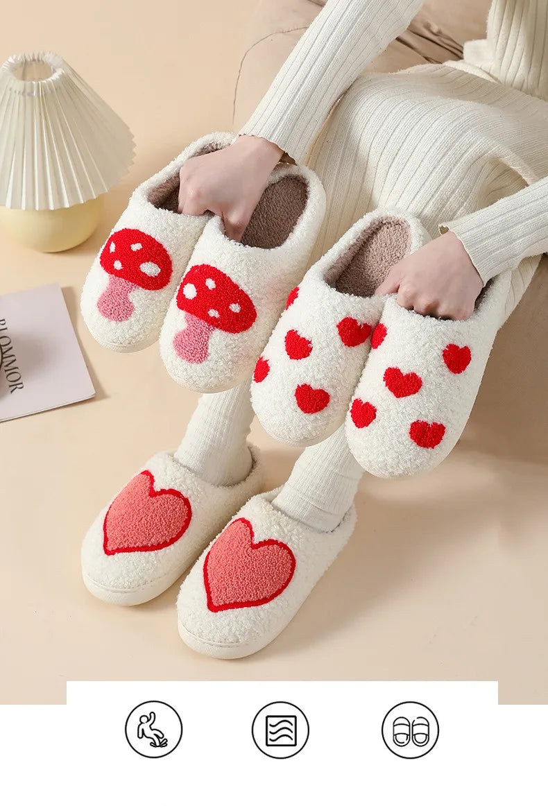 House Slippers for Women, Cute Big Small Heart, Fluffy Cozy Home Comfy Shoes for Ladies, Indoor Slippers for Winter, Mushroom