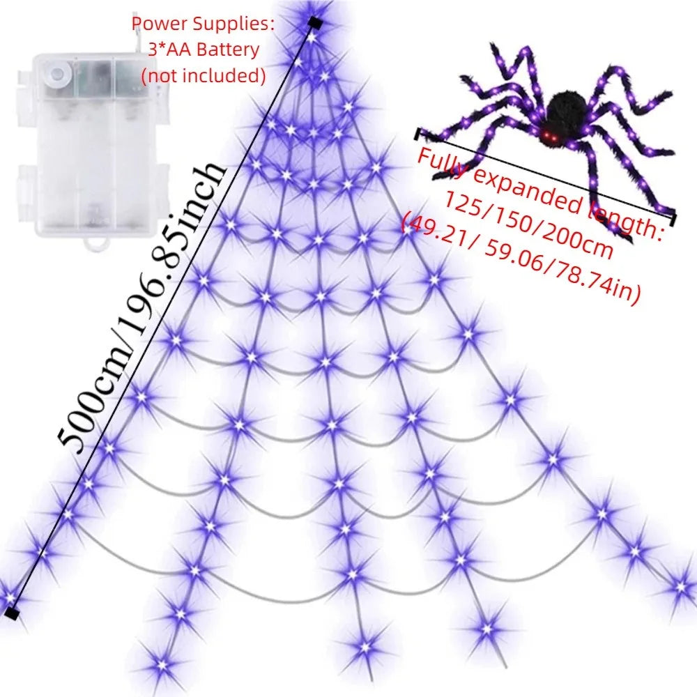 8 Modes Halloween Spider Web Lights Glow Waterproof LED Spider Net Triangle Hanging Scary Giant Spider Party