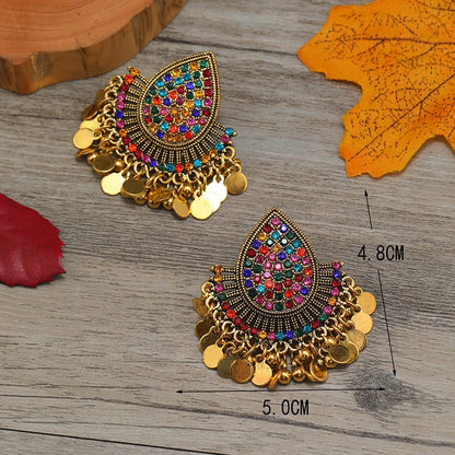 Vintage Indian Feng Shui Droplets Full of Diamonds, Colorful Tassel Round Plate Ball Earrings