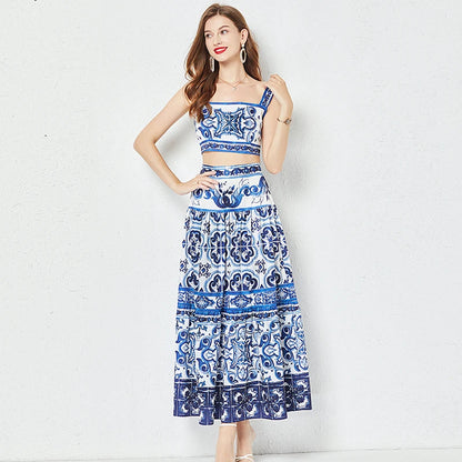 JAMERARY Summer Runway Blue And White Porcelain Two Piece Set Women Flower Print Short Crop Top + Holiday Beach Maxi Skirt Suits