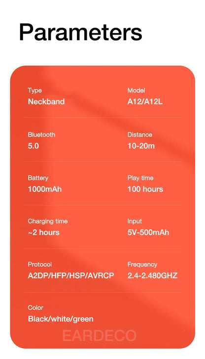 EARDECO 100 Hours Endurance Wireless Headphones Bass Bluetooth Headphone Inear Neckband Earphones Sport Headset with Mic Stereo