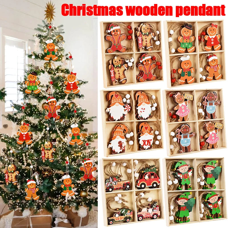 Christmas Wooden Pendants Gingerbread Man Gnomes Xmas Tree Hanging Oranment 2024 Noel Navidad Decorations for Home New Year Gift