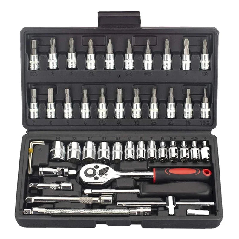 46pc Drive Socket Set 1/4 inch Ratchet Wrench Set with Sockets Metric Hex Bit Socket Set Mechanic Tool Kits for Hous Auto Repair
