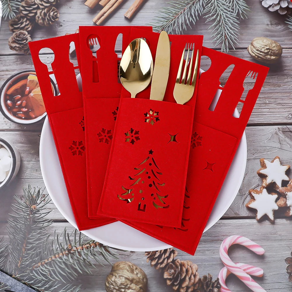 4Pcs Xmas Cutlery Bag Tableware Fork Knife Storage Organizer Dinnerware Cover For Christmas Navidad New Year Table Decorations