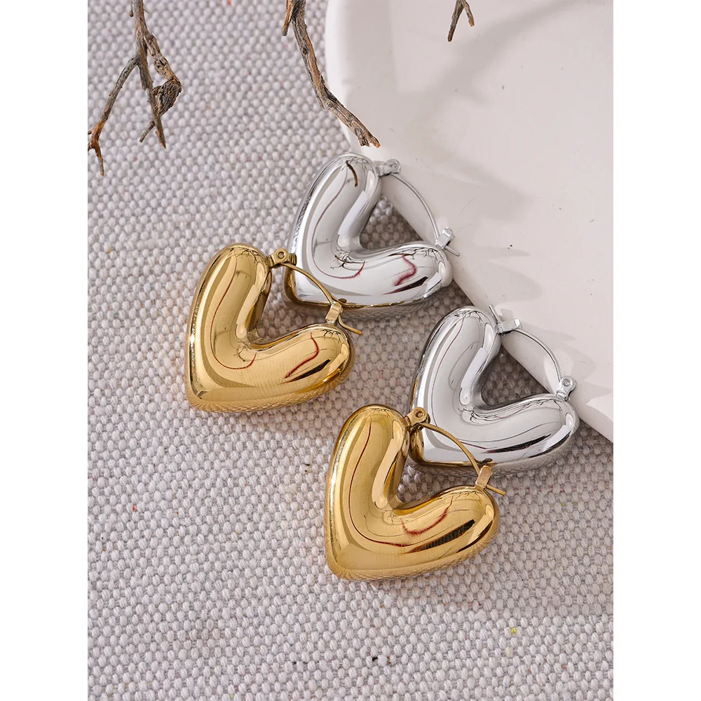 Yhpup Fat Fashion Stainless Steel Heart Chunky Hoop Earrings Charm Metal Texture Rust Proof Versatile Jewelry серьги тренд