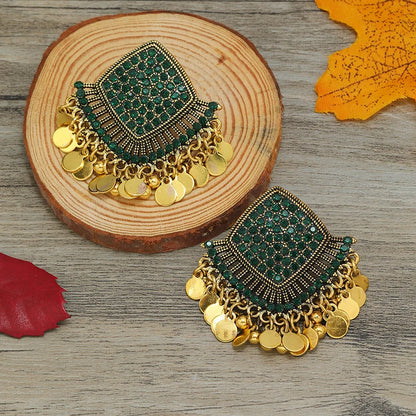 Vintage earrings, women's rhinestones, luxurious exotic princess earrings, fan shaped tassel earrings