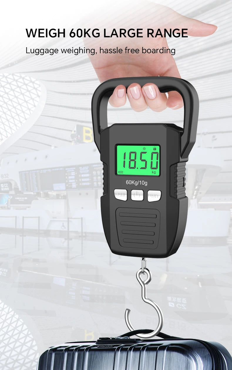 Digital Weight Scale 60kg 10g Electronic Luggage Hanging Scale USB Charging LCD Fishing Weighing Balance