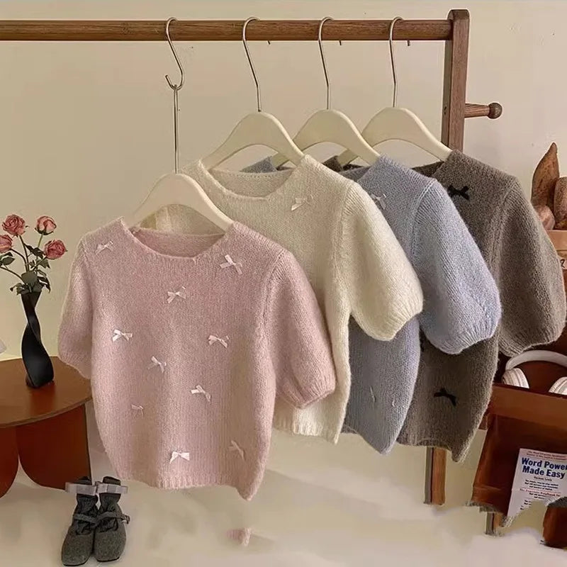 Korean Version Spring/Autumn Round Neck Bow Decoration Sweet and Fashionable Versatile Knitted Short Sleeve Pullover Top