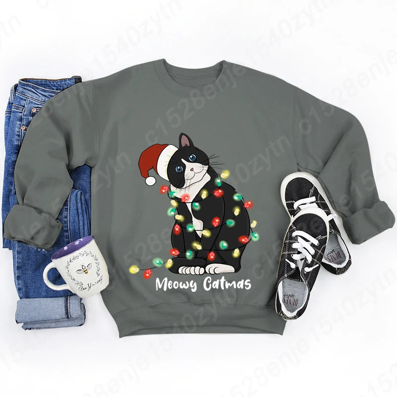 Christmas Light Cat Meowy Catmas Print Sweatshirt Autumn And Winter Sweatshirt Ladies Casual Long Sleeve Hoodless Pullovers Tops