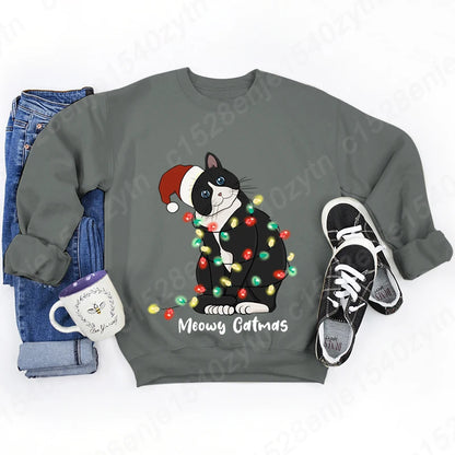 Christmas Light Cat Meowy Catmas Print Sweatshirt Autumn And Winter Sweatshirt Ladies Casual Long Sleeve Hoodless Pullovers Tops