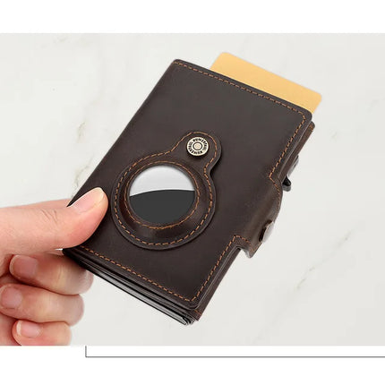 Anti-scan Magnet Credit Card Holder Wallet Genuine Leather Automatic Pop Out Aluminum Smart Wallets Luxury AirTag Purse Set