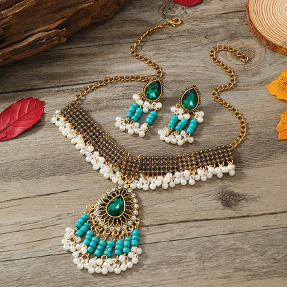 3pcsEuropean and American Bohemian Crystal Jewelry National Style Gemstone Fringe Necklace Earring Set