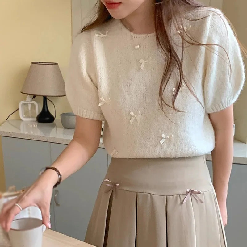 Korean Version Spring/Autumn Round Neck Bow Decoration Sweet and Fashionable Versatile Knitted Short Sleeve Pullover Top