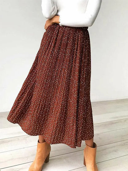 White Dots Floral Print Pleated Midi Skirt Women Elastic High Waist Side Pockets Skirts Summer Elegant Female Bottom