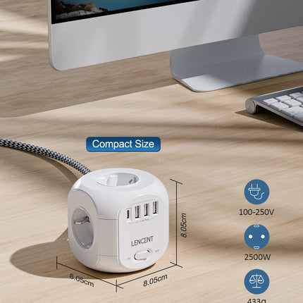 LENCENT EU Plug Power Strip with 4 AC Outlets 3 USB Port 1 Type C 2M/3M Braided Cable Multi Socket with Switch for Home