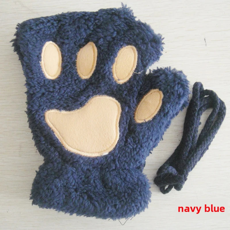 Cat Claw Gloves Winter Cute Cartoon Cat Girls Fingerless Gloves Thickened Velvet Bear Paw Half Finger Gloves