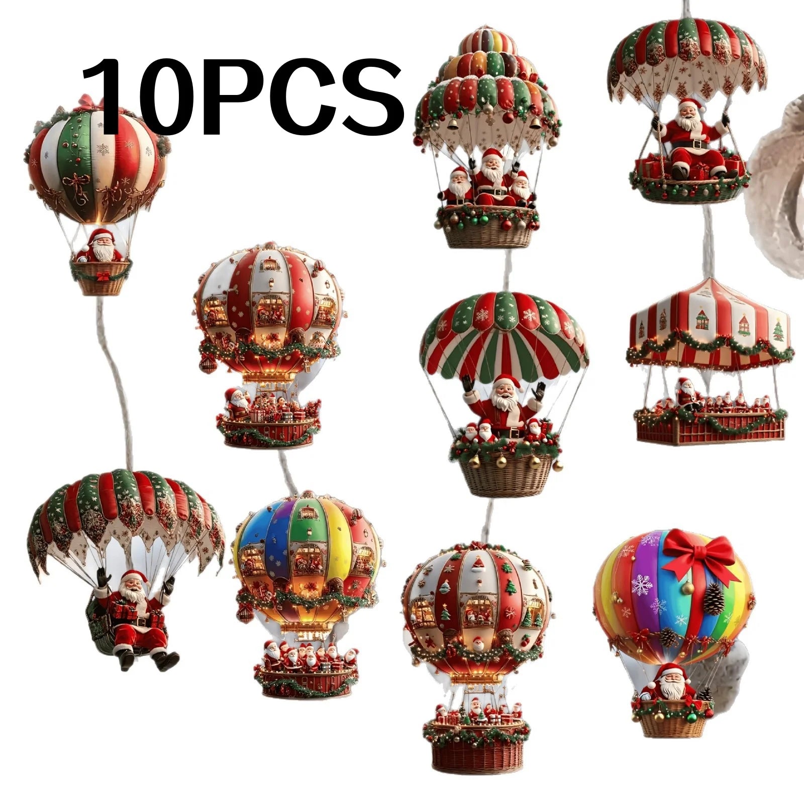 A Set of 10Pcs Santa Claus Parachute Series Handmade Wooden Hanging Ornaments - Perfect Holiday Gift Decoration for Home and Garden