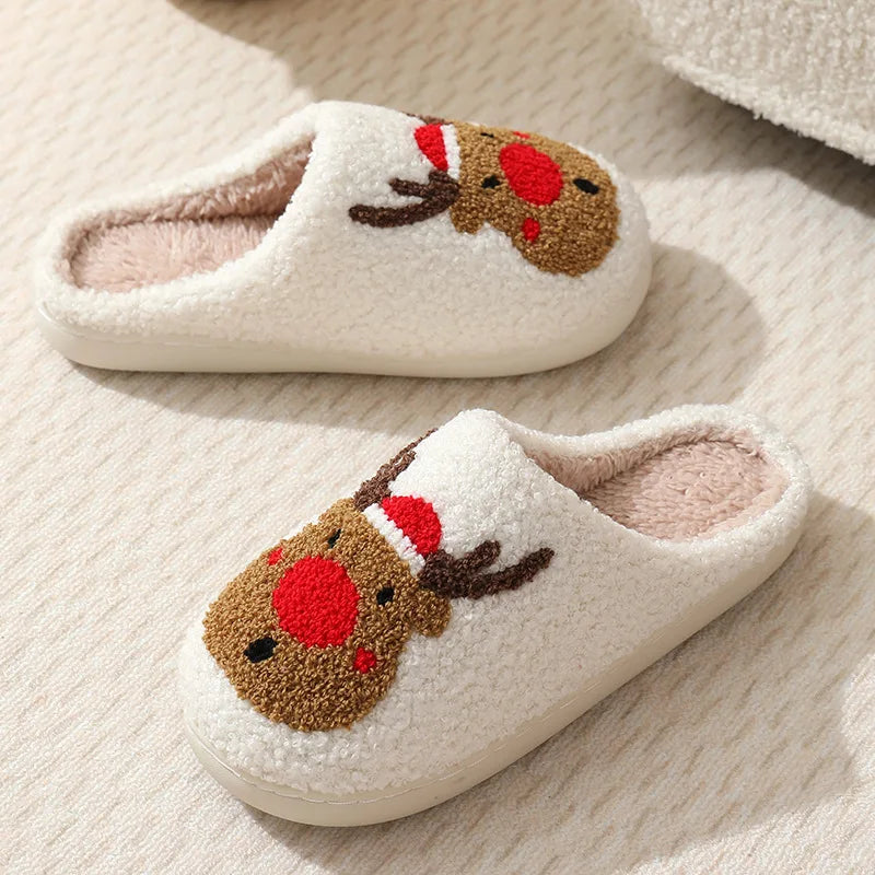 Autumn Winter Women's Christmas Slippers Men Soft Home Bedroom Flat Sandals Female Cute Plush Slides Couple Non-Slip Warm Shoes