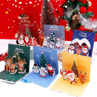 Merry Christmas Cards 3D Pop-up Greeting Cards with Envelope Santa Claus Snowman Laser Cut Xmas Happy New Year Greeting Cards