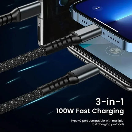 Luminous data cable 3 in1 mobile phone charging cable 100W fast charge braid typec data cable for iPhone Samsung Xiaomi Huawei