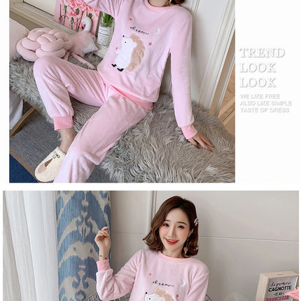 Autumn Winter New Flannel Soft Warm Women's Pajamas Round Neck Long Sleeve Women Two Piece Set Cute Printing Pajama Suit Women