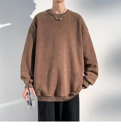 New Autumn Round Neck Washed  Men's Hoodie Sweatshirt  Couple Long Sleeve Loose Europe and America Street Boy Pullover Sweater