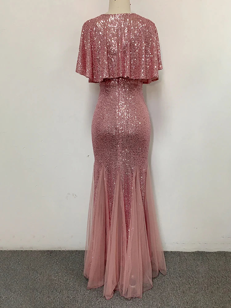 V-Neck Mermaid Dress with Shawl, Long Formal Prom Party Gown, Sequins Sleeveless, Sexy Evening Dress, Plus Size