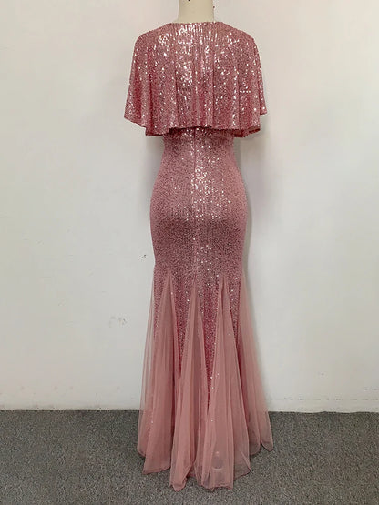 V-Neck Mermaid Dress with Shawl, Long Formal Prom Party Gown, Sequins Sleeveless, Sexy Evening Dress, Plus Size