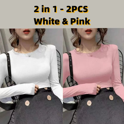 Autumn Office Lady Basic O-Neck Slim T-Shirt Women Solid Multi Color All-Match Trend Casual Top Screw Thread Long Sleeve Elastic