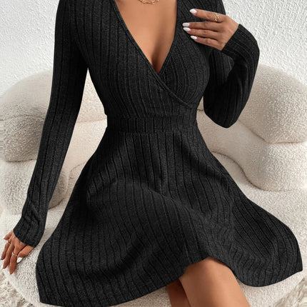 New for autumn/Winter 2024 Women Knit Slim Sexy Bodycon Dress V-Neck Long Sleeve Dress Solid Casual Midi Sweater Dress
