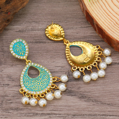 2pcs Women's Fashion Pendant Earrings Creative Fan shaped Drip Oil Inlaid Diamond Tassel Bohemian Style Earrings Available in Mu