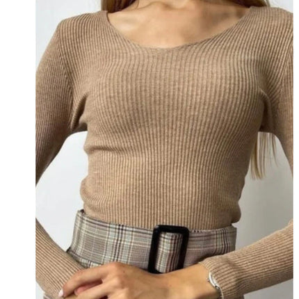 Women Solid Rib Knit V Neck Stripe Pull Sweater Autumn Femme Y2k Long Sleeve Pullover Jersey Tops Fashion Clothes