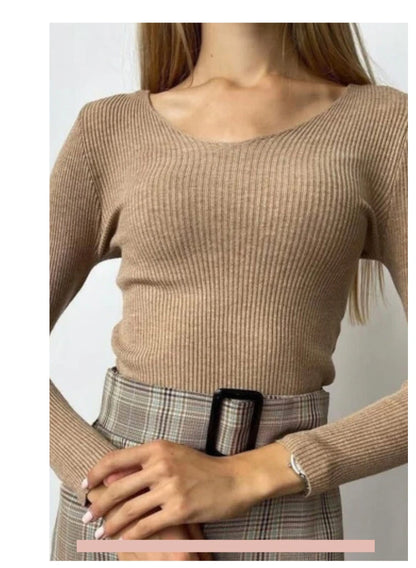 Women Solid Rib Knit V Neck Stripe Pull Sweater Autumn Femme Y2k Long Sleeve Pullover Jersey Tops Fashion Clothes