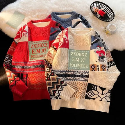 Christmas Sweater Men's Winter Loose-fit Casual Style Knitted Top Jacket American Vintage Fleece-lined Thickened Line Clothes