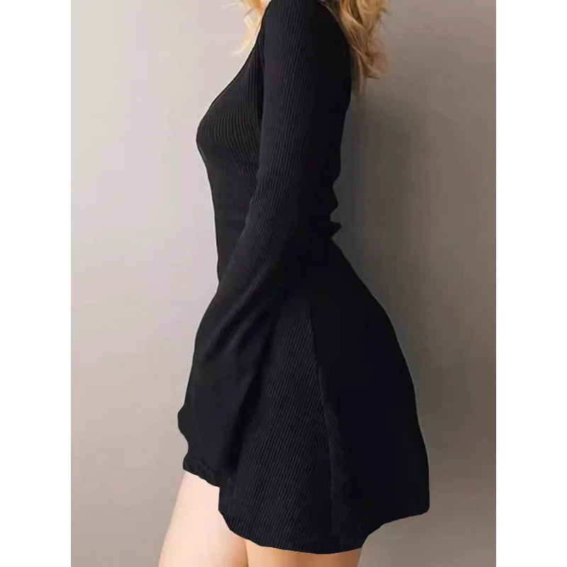 Elegant And Pretty Women Dresses Autumn Winter New Black Sexy Short Dress Female V Neck Long Sleeve Slim Solid Color Mini Dress